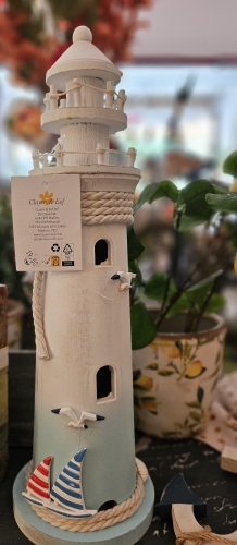 Bielo-modrá drevená dekorácia maják Lighthouse Nautic - Ø 13*42 cm