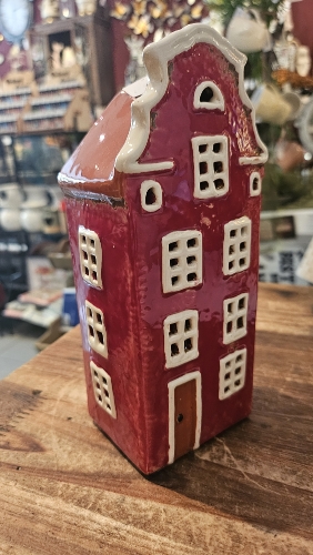 Keramický domček na čajovú sviečku, bordó 19x7,5x6,5xm