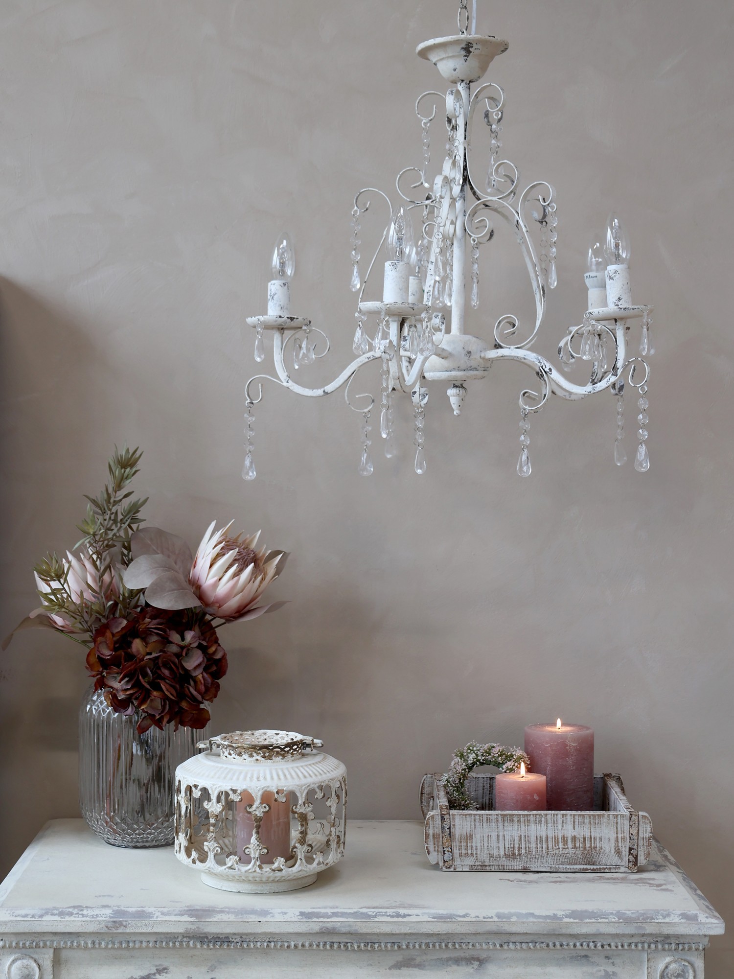 Biely vintage ručne vyrobený luster s kamienkami Chandelié - 61*49cm/E14/ 60W