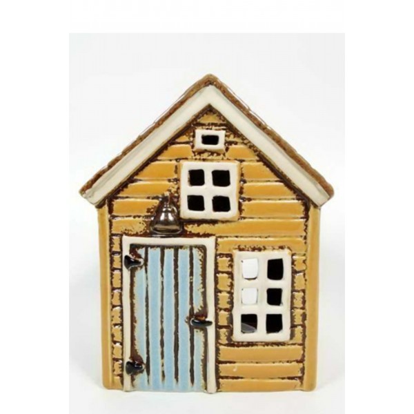 Keramický domček na čajovú sviečku, béžový 15,5x12x9 cm