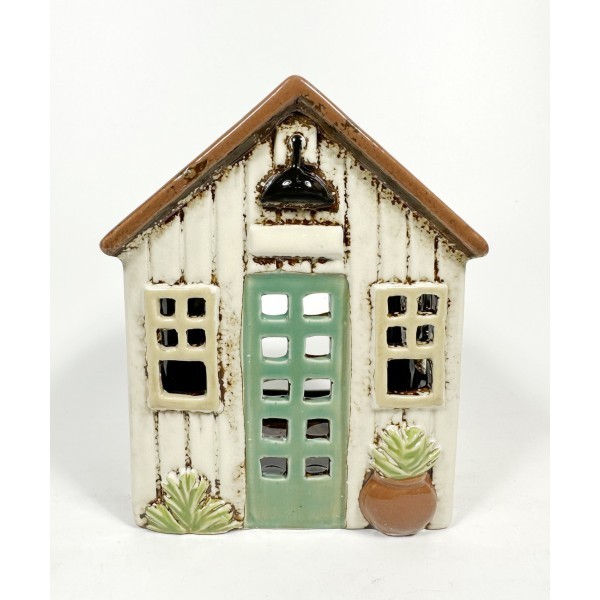 Keramický domček na čajovú sviečku, krémový so zelenými dverami 15,5x12,5x9,5 cm