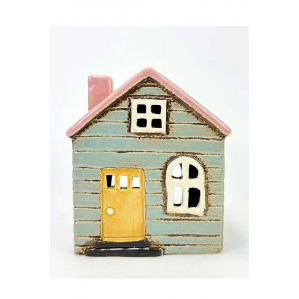 Keramický domček na čajovú sviečku, modro-zelený 13x11x8, 5 cm