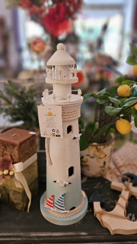 Bielo-modrá drevená dekorácia maják Lighthouse Nautic - Ø 13*42 cm