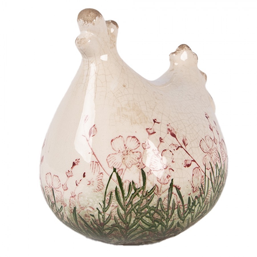Béžová antik keramická sliepočka s kvetmi Rustic Flower - 12*11*13 cm