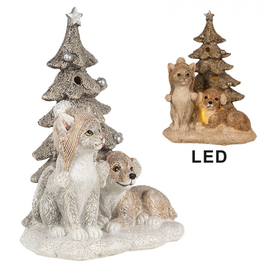 Psík a mačka pri vianočnom stromčeku s LED osvetlením,11*9*15 cm