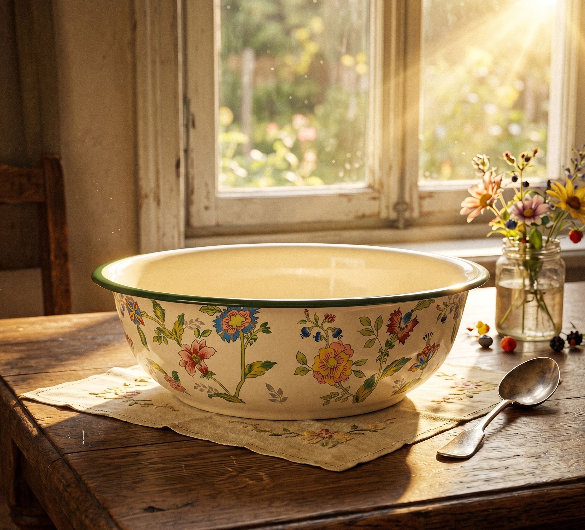 Béžová dekoračná smaltovaná misa s kvetmi Vintage 1 - Ø 30*9 cm / 3000 ml