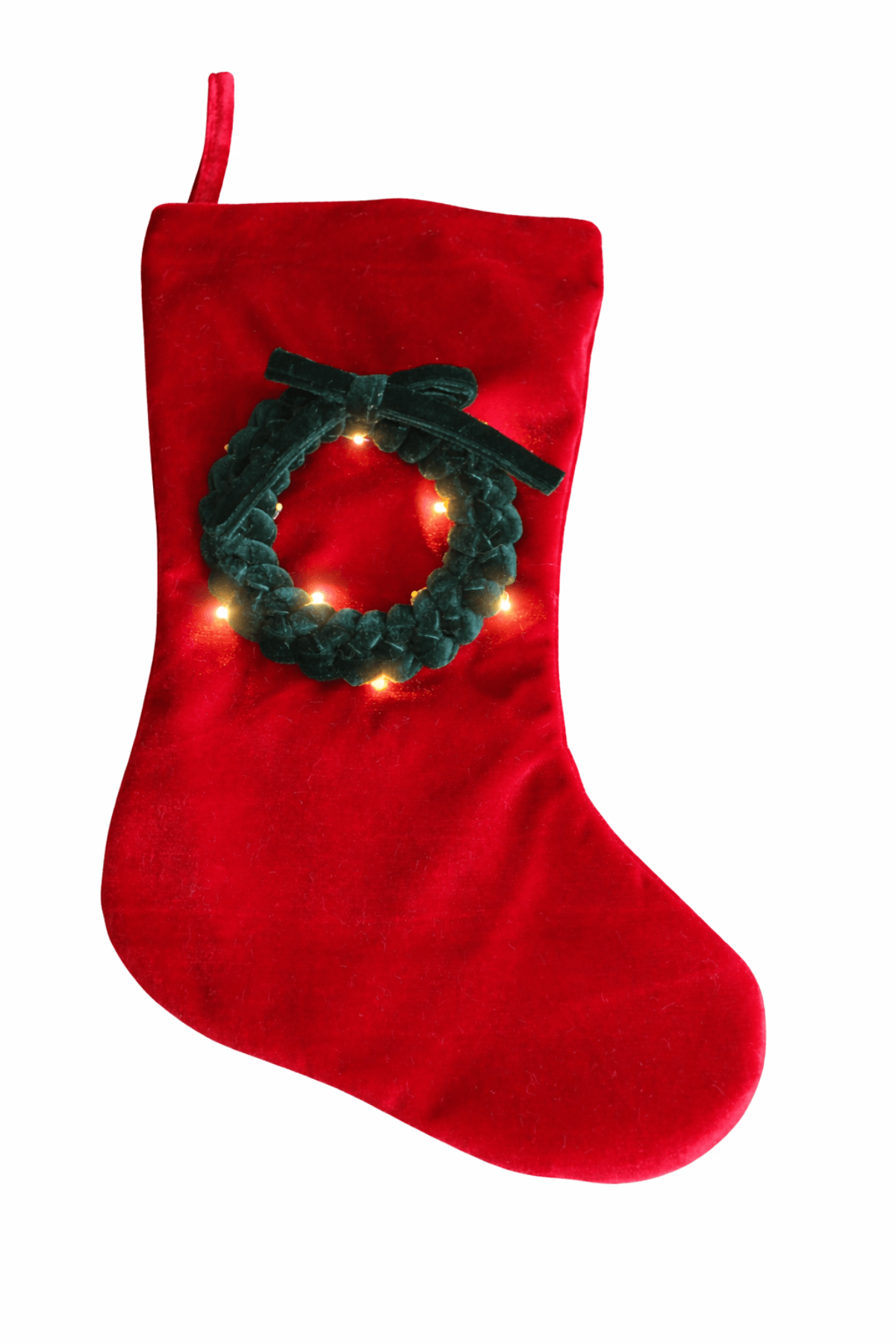 Červená vianočná pančucha s vencom 10 LED 50 cm
