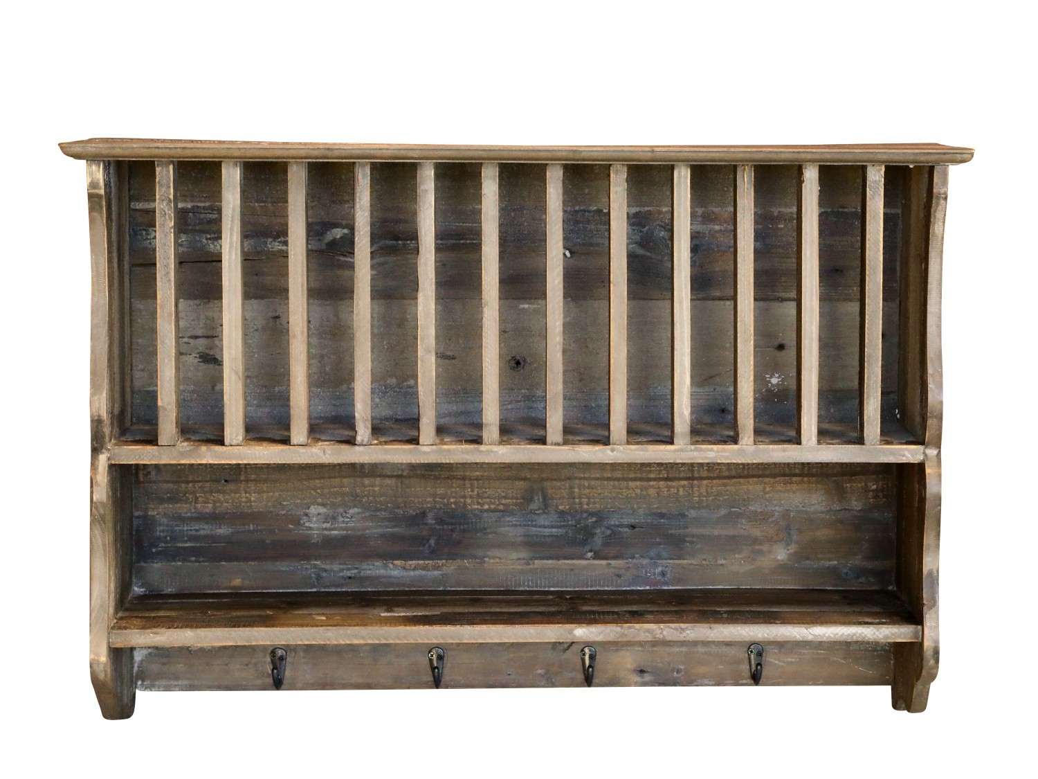 Hnedá antik drevená nástenná polička s priehradkami a háčikmi Plate Rack - 80*20*55 cm