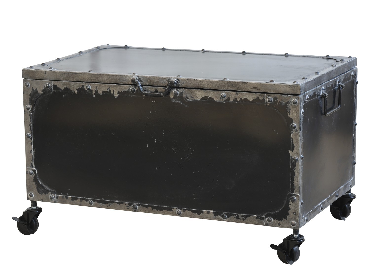 Čierny antik kovový stolík na kolieskach v tvare debny Trunk - 67*41*39 cm