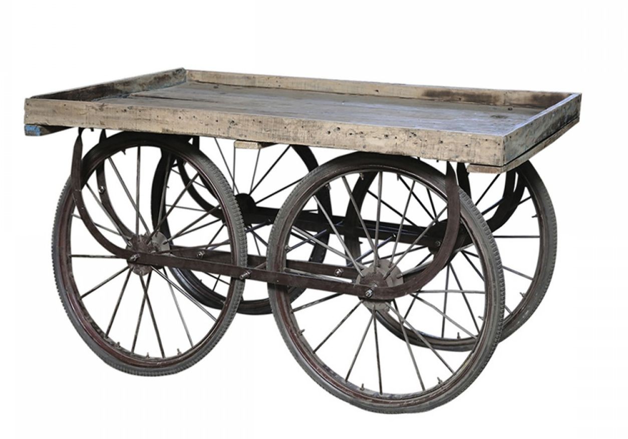 Retro kovový vozík na veľkých kolesách s drevenou doskou Old Cart - 144*70*79cm