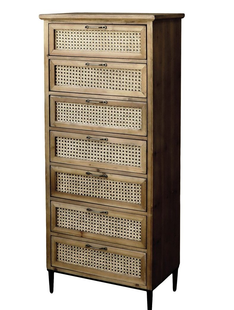 Hnedá antik drevená komoda so šuplíkmi a výpletom French wicker - 54*32*125cm