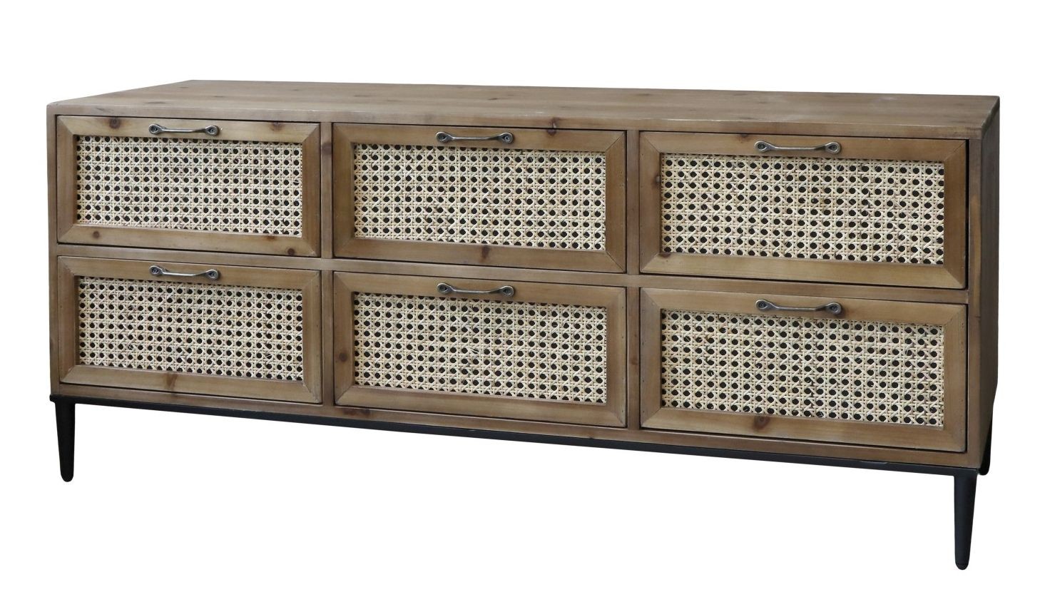 Hnedá antik drevená komoda so šuplíkmi a výpletom French wicker - 122*36*51cm
