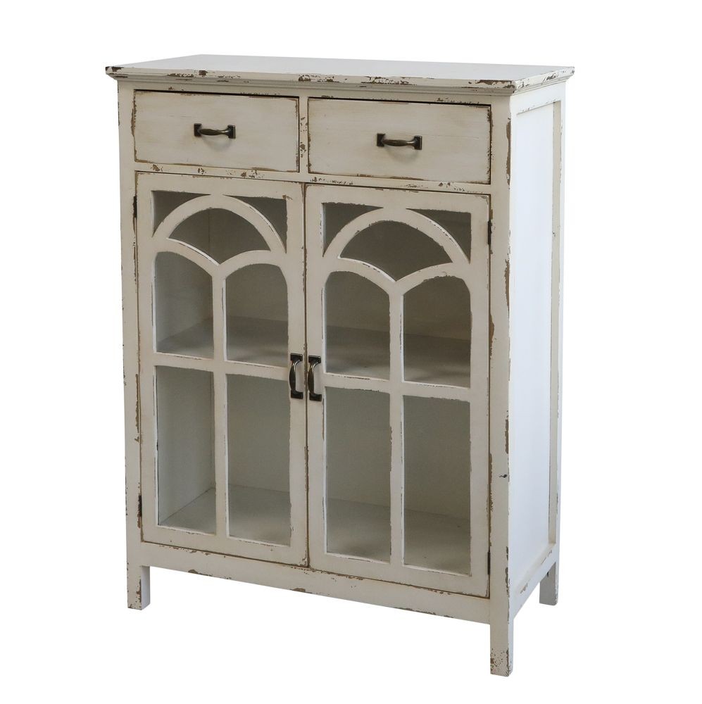 Krémová drevená komoda s presklenými dvierkami Old Satin- 70*32*92cm