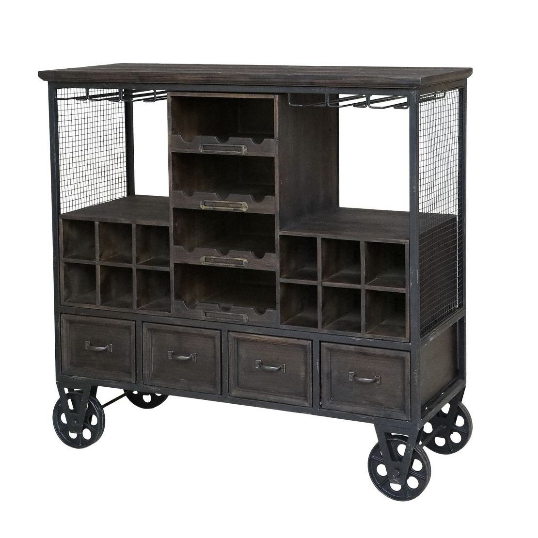 Drevená antik vinotéka/bar Bourseiller na kolieskach - 94*37*91 cm